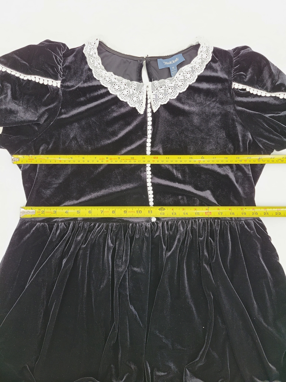 Modcloth Black Velvet Midi Dress with White Lace Trim Size 16 - Picture 11 of 14